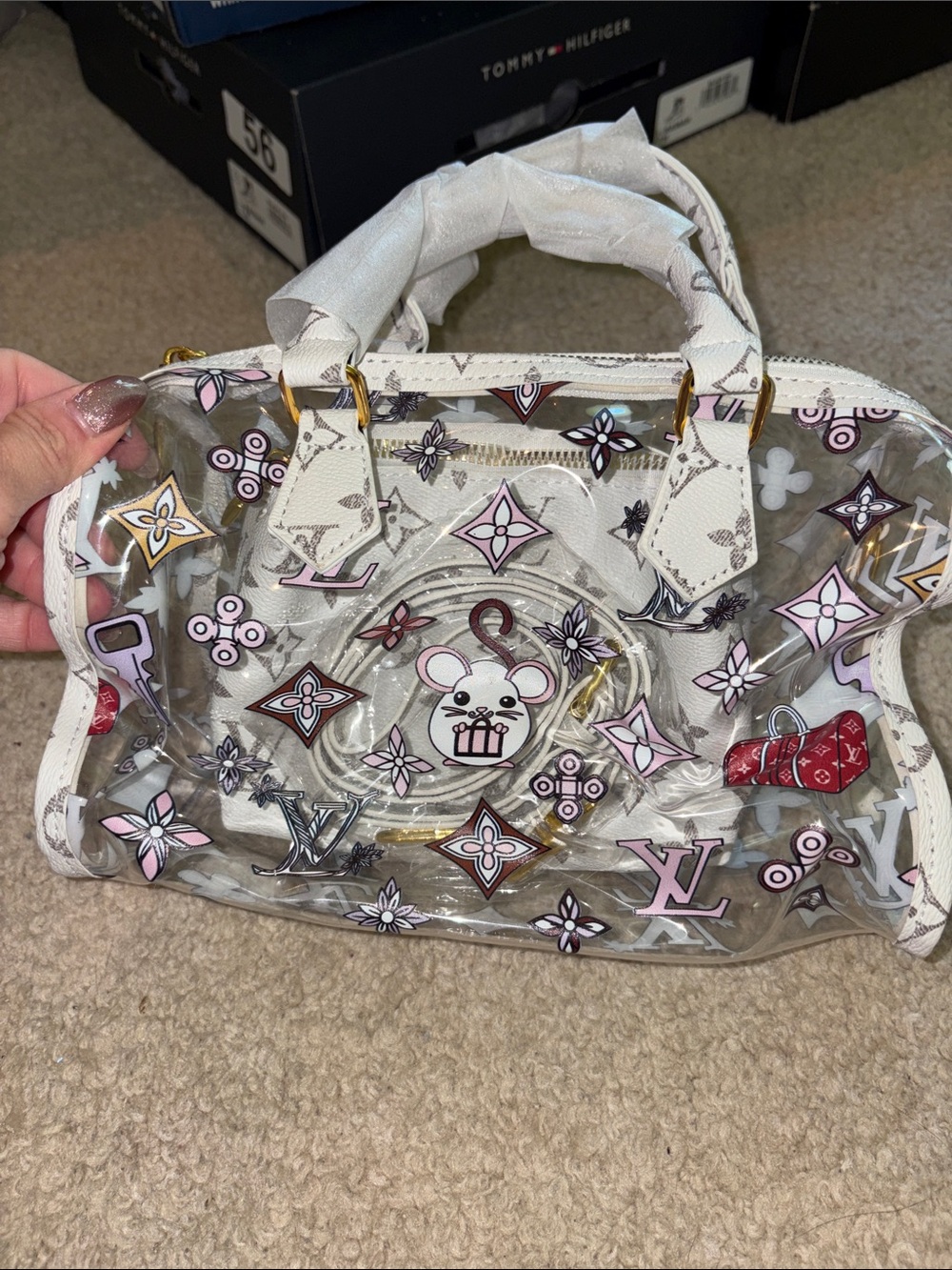 Clear Mouse/Floral-Pattern Tote with White Trim and Pink Accents